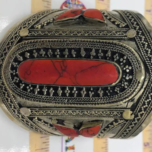 single Tribal Stone Cuff, Coral Stone Ethnic Afghan Cuff Bracelet, Handmade Afgh - Picture 6 of 8